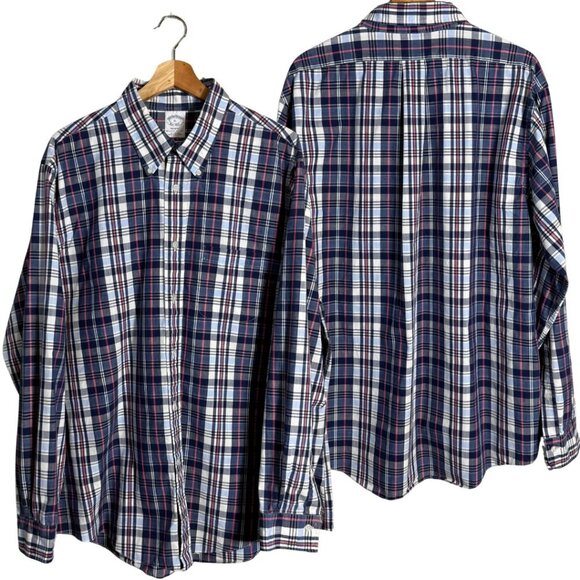 Brooks Brothers Plaid Regent Button Down Shirt Men's XL Blue White Preppy Casual - Picture 1 of 13